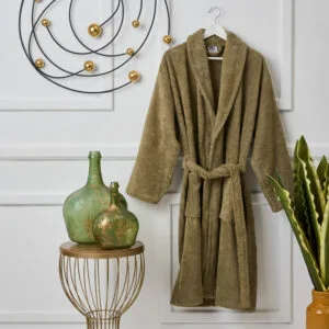 "Pure Cotton" Adult Bathrobe, Olive Collar - L