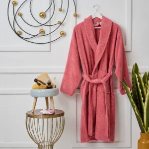 "Pure Cotton" Adult Bathrobe with Rose Pink Collar - M