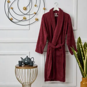 "Pure Cotton" Adult Bathrobe, Burgundy Collar - M